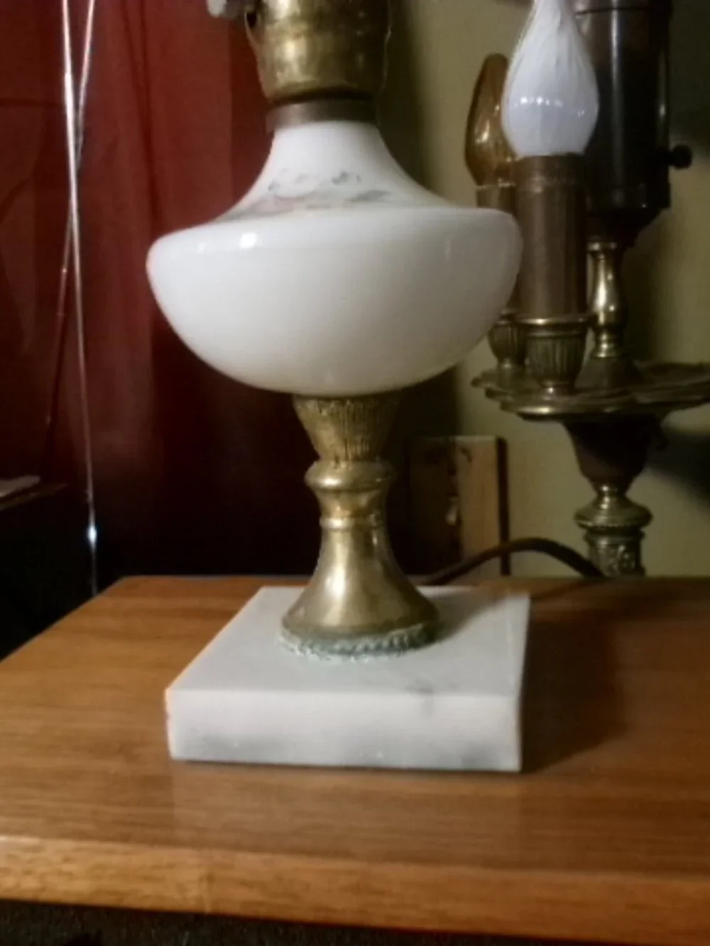 vtg milk glass painted hurricane lamp brass and marble stand 15in dresser lamp - Picture 8 of 8